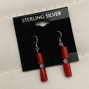 Red Coral & Crystal Dangle Sterling Silver Tube Earrings NWT